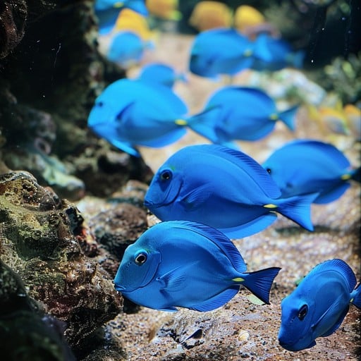 Vintage Blue Tang swimming near coral formations